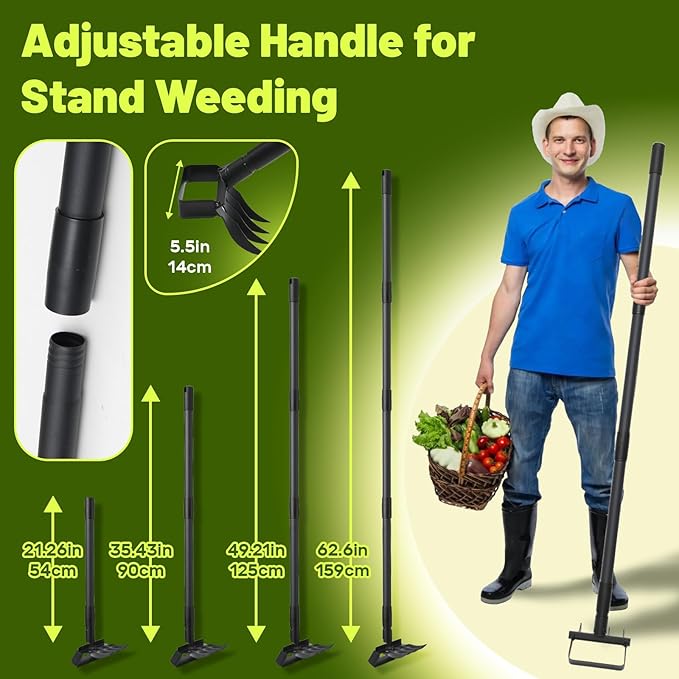 2 in 1 Weeding Tools Gardening Weed Puller with Long Handle,Stirrup Hula Garden Hoe with 4 Tines Rake,Garden Tiller Cultivator with 62.6" Adjustable Handle for Weeding,Seeding,Ditching,Loosening
