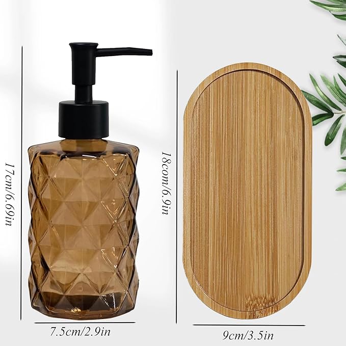 Glass Hand and Dish Soap Dispenser Set of 2 with Plastic Pumps, Bamboo Tray, 12oz Brown Bathroom Soap Dispenser with Diamond for Hand Wash & Dish Wash, Ideal for Bathroom Kitchen Countertop