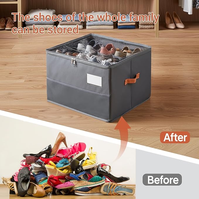 Shoe Organizer for Closet, Foldable Shoe Storage Organizer Containers with Clear Cover, Space Saving Shoes Holder with Handles, Gray (1, Large)