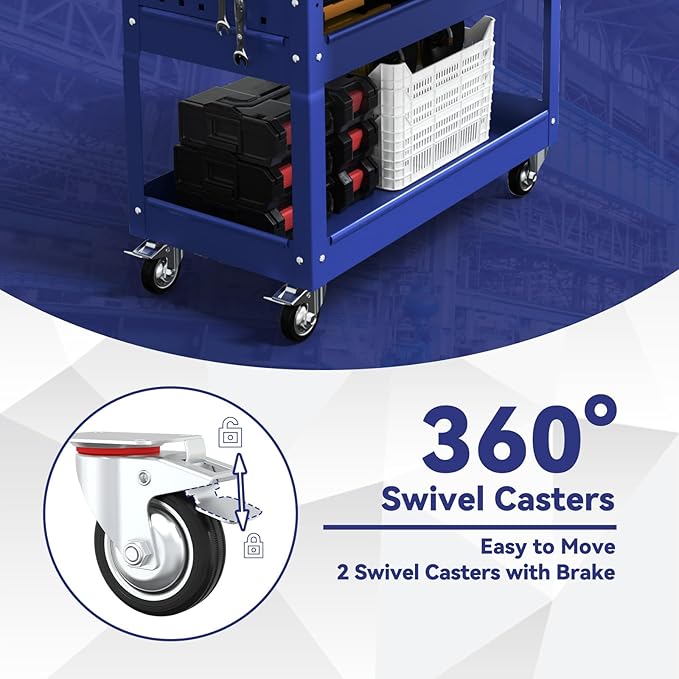 3 Tier Rolling Tool Cart with Drawer, 450 LBS Heavy Duty Utility Cart on Wheels, Service Cart for Garage, Workshop and Warehouse (Blue)