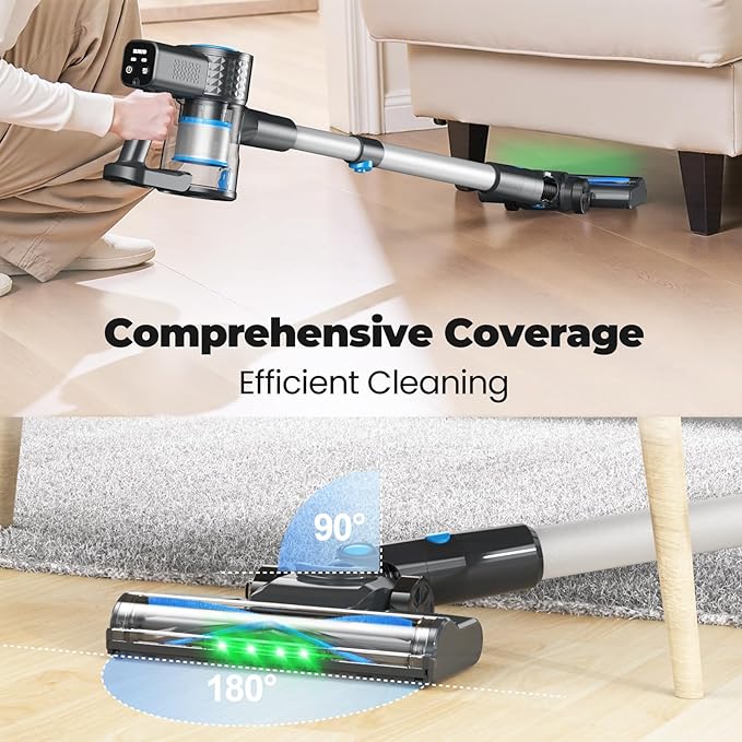 Cordless Vacuum Cleaner, Powerful Lightweight Stick Vacuum with Self-Standing, Anti-Tangle, 8-in-1 Rechargeable Vacuum Cleaners for Home, Hardwood Floors, Carpet, Pet Hair (Blue)