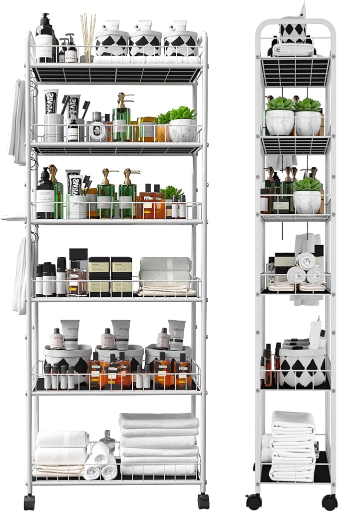 6 Tier 10in Slim Rolling Storage Cart with Handle, White Mobile Shelving Unit with Wheels, Metal Wire Storage Rack with Baskets for Kitchen Bathroom Office Laundry Narrow Piaces