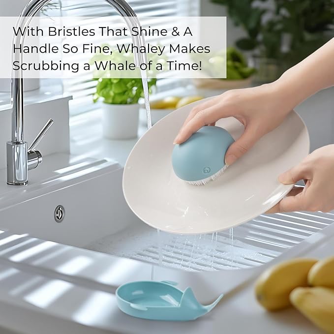 Whaley Whale Dish Brush – Cute Whale Scrub Brush for Dishes & Veggies, Palm Cleaning Brush, Funny Kitchen Gadget, Sink Accessories, Unique Gifts for Women, Housewarming or White Elephant Gifts