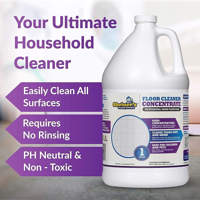 Sheiner's Multi-Surface Cleaner Concentrate, No-Rinse Floor Cleaner & Degreaser for Home, Office & Kitchen, Safe for Kids & Pets, Non-Toxic Lavender Scent All-Purpose Cleaning Supplies, 1-Gallon.