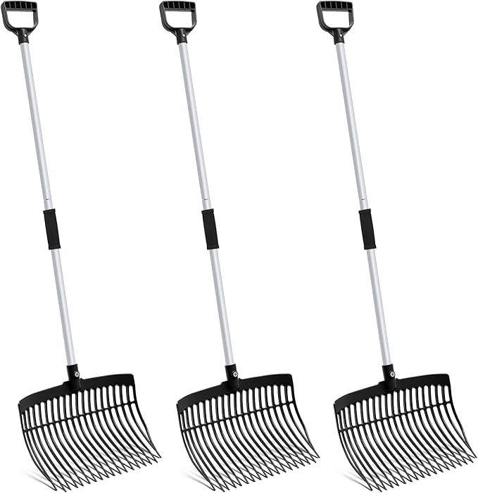 Lasnten 3 Sets Black Manure Fork with Long Metal Handle Pitch Fork Manure Rake Heavy Duty Muck Rake for Gardening Horse Stall Stable Grass Hay Cleaning Farm Work(D Shaped Grip)