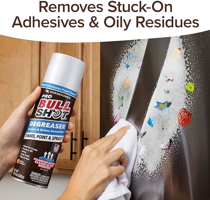 Bull Shot Degreaser Pro, Foaming Degreaser & Grime Remover, Heavy-Duty, AS SEEN ON TV, Residue-Free, Shake, Point & Spray, Emulsifies Grease, Oil Splatters, Glue, Tape Residue & More - Made in the USA