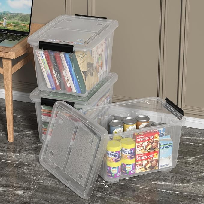 Zopnny 30 Quart Plastic Stacker Box, Large Storage Bin Container with Latching Lids and Wheels for Home and Garage Organizing, Shoes, Tools, Clear Base, 4-Pack