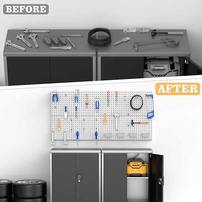 48PCS Metal Pegboard Kit – 12"x24" Tool Storage Wall Organizer Pegboard with Hooks and Bins for Garage, Workshop, Kitchen, Office, and Craft Room (Gray)