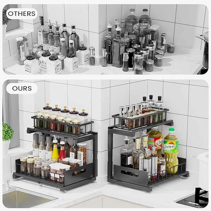 2 Pack Under Sink Organizer, 2-Tier Heavy Duty Metal Pull Out Cabinet Organizer Slide Out Sink Shelf Organizer Height Adustable, Multi-Purpose Storage Shelf for Kitchen Bathroom (Black, 2 Pack)