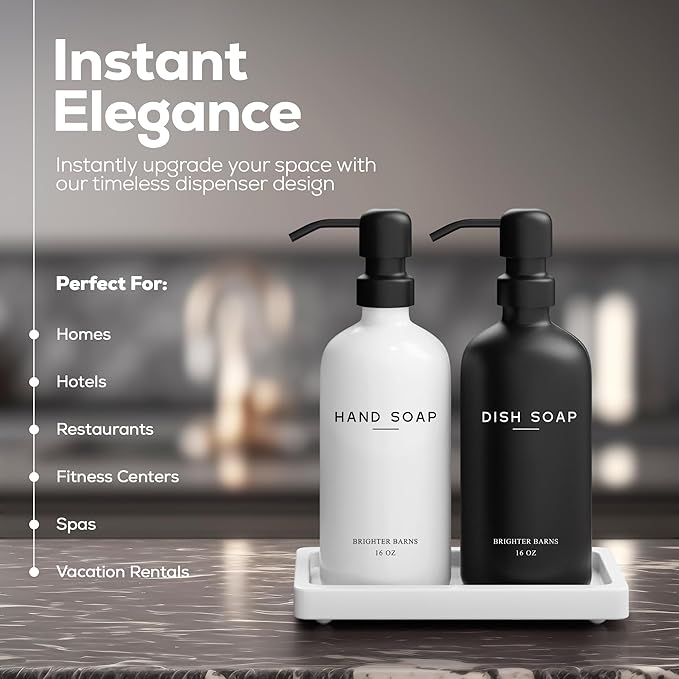 Luxury Glass Hand and Dish Soap Dispenser Set by Brighter Barns - Kitchen Soap Dispenser Set with Tray for Kitchen, Home or Restaurant - Modern Farmhouse Kitchen Decor (Black/White)