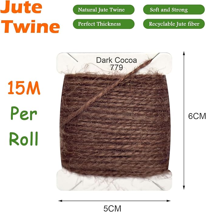 Jute Twine 15m Long Twine String for Crafts Gift Wrapping Packing Gardening Crochet Knitting Macrame Decor (Dark Cocoa)