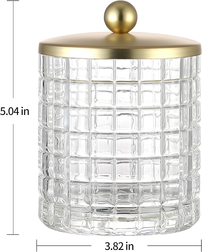 Clear Tranparent Apothecary Etched Geometric Grid Glass Jar W/Gold Metal Lid Cover for Bathroom Organization, Cotton Balls, Q Tips, and Small Accessories, Bathroom Storage