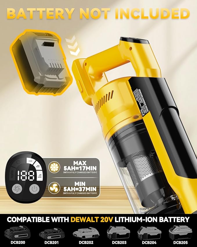 350W Cordless Vacuum Cleaner for Dewalt 20v Battery, 35kPa Brushless Lightweight Stick Vacuum with 3 Mode Suction, 6 in 1 Stick Vacuum Cleaner with HEPA for Floor, Carpet, Car (Battery Not Included)