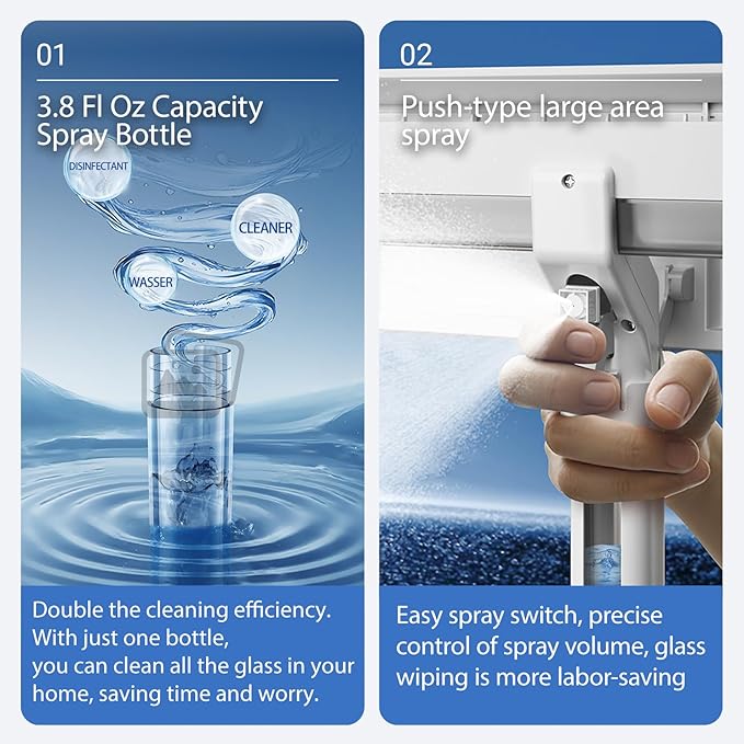 3 in 1 Window Cleaning Squeegee.Includes 9.6 inch Window Rubber Squeegee, Window Cleaning Tools,Cleaning Spray Bottle.37.8-51 inch Extension Rod.for Cleaning Windows, Bathroom Glass,Tile Walls