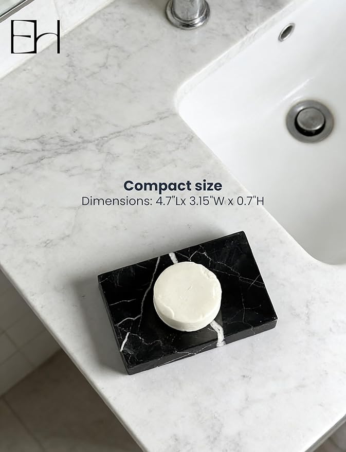 Natural Marble Soap Dish for Shower with Silicone Non-Slip Feet, Stone Drying Tray, Bar Soap Saver, Holder Container for Bathroom Decor Accessories(Black Marquina, Rectangular)