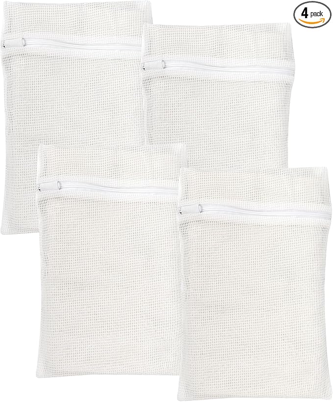 4 Piece White Small, Durable Organic Cotton Mesh Laundry Bag with Strong Zipper and Breathable Mesh, Delicate Laundry Bag for Underwear, Clothes, Pants and Socks