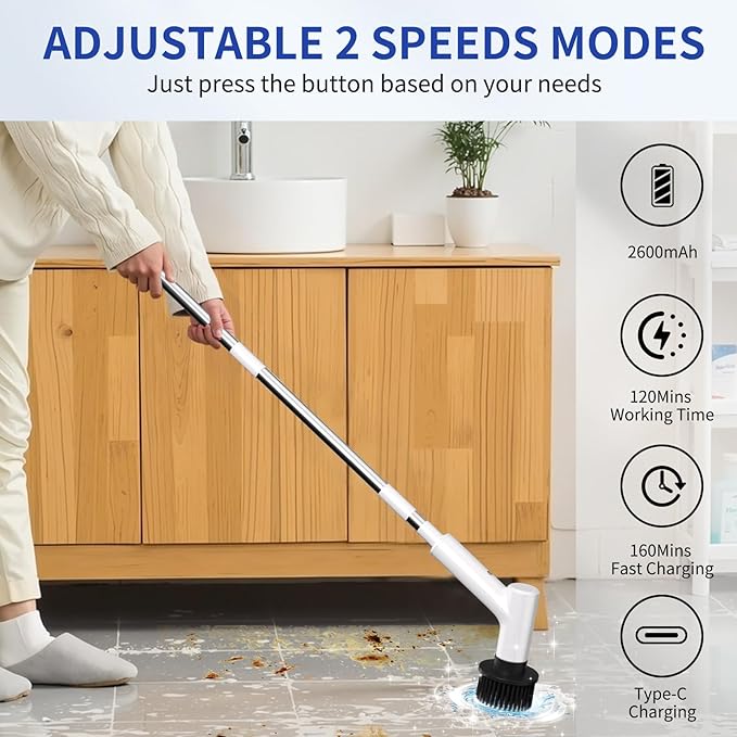 Electric Spin Scrubber, Cordless Shower Scrubber with 7 Replacement Brush Heads, IPX5 Waterproof Bathroom Scrubber with Adjustable Handle, 2 Speed Power Cleaning Brush for Cleaning