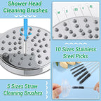 51-in-1 Shower Head Cleaner Kit & Straw Cleaning Brushes Set - Unclog Nozzles, Holes, Stanley Cups, Sippy Bottles, Printers, Faucets - 35 Brushes, 10 Steel Picks, 5 Straw Brushes (3 Colors)