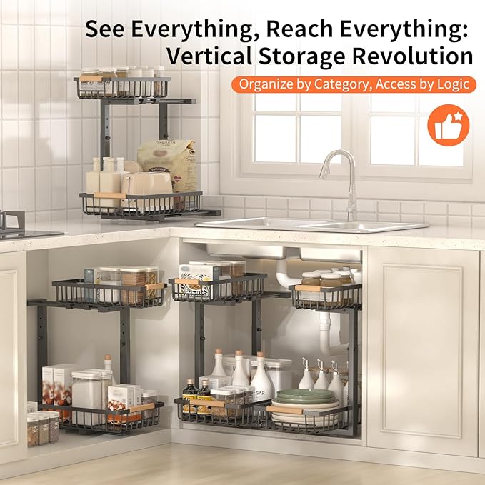 Under Sink Organizer, 2 Pack Under Sink Organizers and Storage, 2-Tier Pull Out Under Cabinet Organizer Storage Shelf, Metal Frame, Height Adjustable Rack for Bathroom Kitchen Pantry