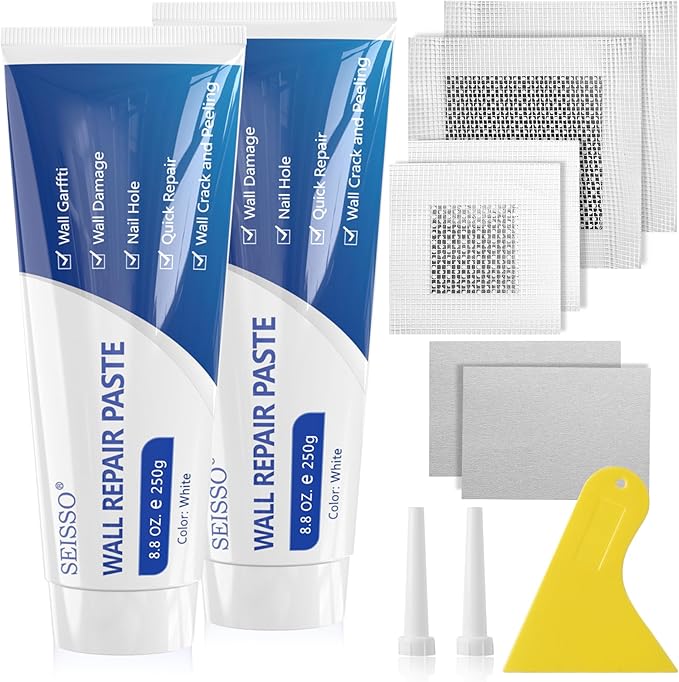 Wall Repair Paste kit, Spackle Drywall Repair kit, Wall Mending Agent 250 g*2, Wall Repair Patch-4Pcs and Scraper/Sandpaper, Effective Repair of Scratches, Nail Holes, Cracks and Wall Graffiti