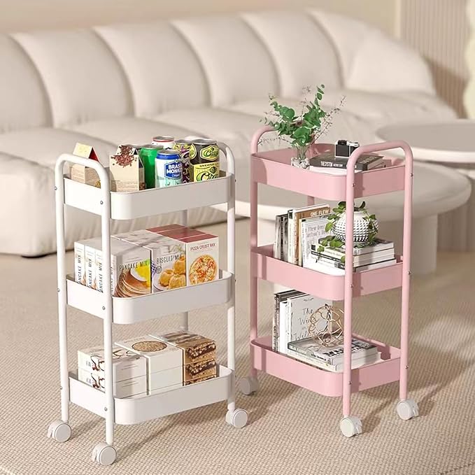 XIUSHE 3-Tier Metal Utility Cart Rolling Storage Organizer, Portable and Sturdy, Ideal for Office, Kitchen, Bathroom, Kids' Room, Classroom, White