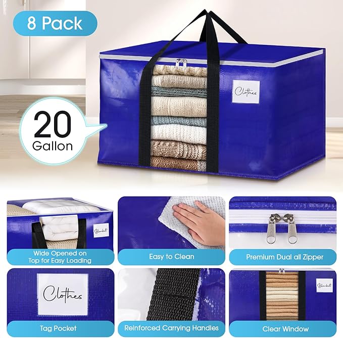 BlissTotes 8 Pack Moving Bags with Clear Window, Storage Bags with Strong Carrying Handles & Zippers,Large Packing Bags for Saving Space, Alternative to Moving Boxes(Blue,20 Gallon)