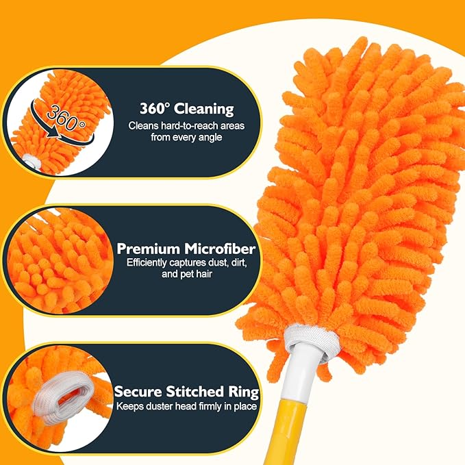 Microfiber Duster for Cleaning - 1 Handle & 8 Washable Refills, 360° Dust Cleaner for Home, Furniture, Ceiling Fans, Cobwebs – Dry & Wet Use, Eco-Friendly Alternative to Disposable Dusters