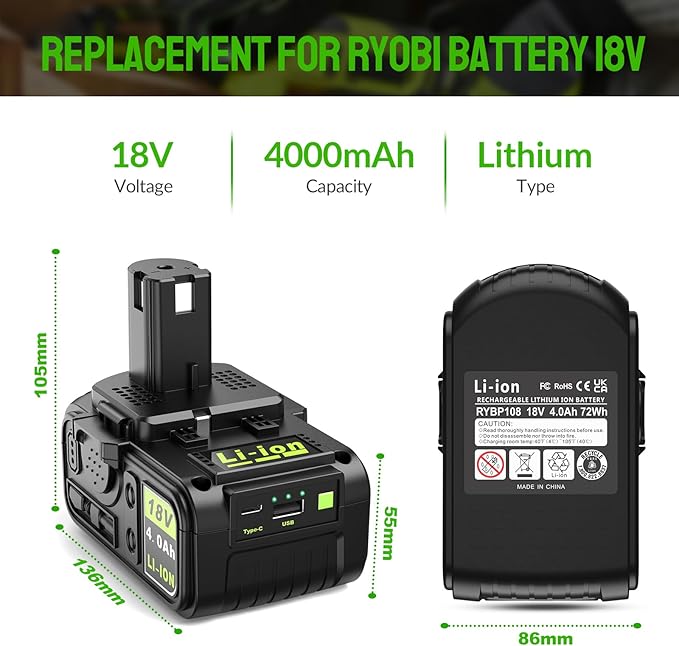 Abeden 18V 4.0Ah Replacement Battery with USB for ONE+ Series,Compatible with 18Volt Lithium Batteries P102 P103 P104 P105 P107 P109 P122 for Cordless Tools (1 Pack)