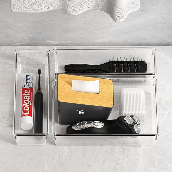 Criusia 26 Pack Large Clear Plastic Drawer Organizer Bins -5 Size Heavy Duty Acrylic Kitchen Drawer Organizers and Storage for Utensils -Bathroom Drawer Organizer Trays for Makeup Office Organization