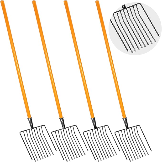 4 Sets Pitch Fork 10 Tines Wide Manure Fork with Long Handle Heavy Duty Muck Rake Broadfork Garden Tool for Gardening Horse Stall Picking up Manure Farm