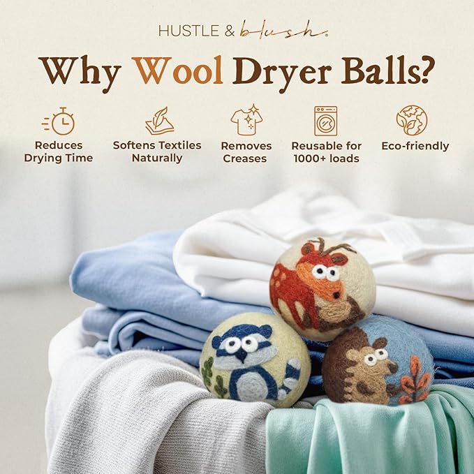 Hustle & Blush Fluff Ewes Wool Dryer Balls 3 Pack - XL Hedgehog and Homies Premium New Zealand Laundry Set, Reduces Drying Time, Static Control, Chemical Free, Ideal Holiday Gifts for Women & Men