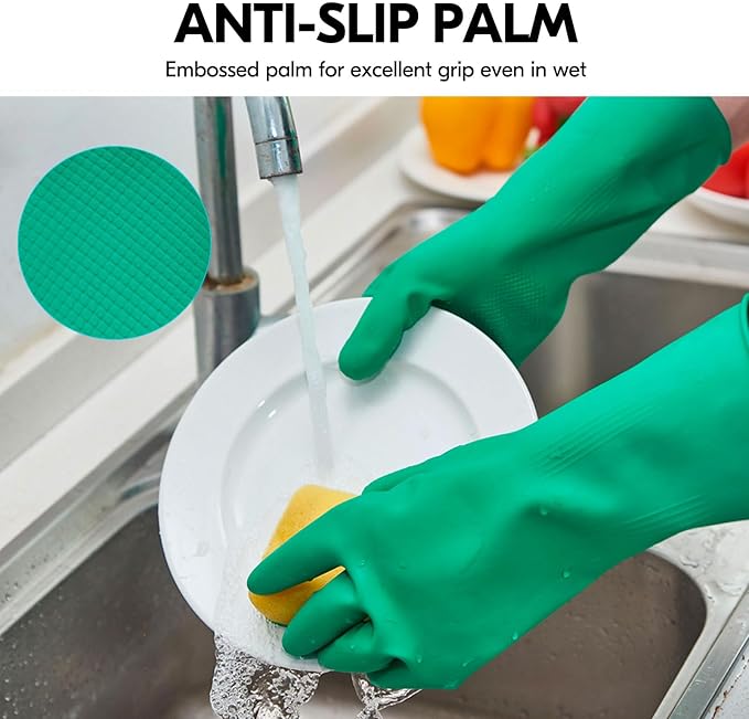 Vgo... 10-Pairs Reusable Household Gloves, Rubber Dishwashing gloves, Extra Thickness, Long Sleeves, Kitchen Cleaning, Working, Painting, Gardening, Pet Care (Size S, Green, HH4601)