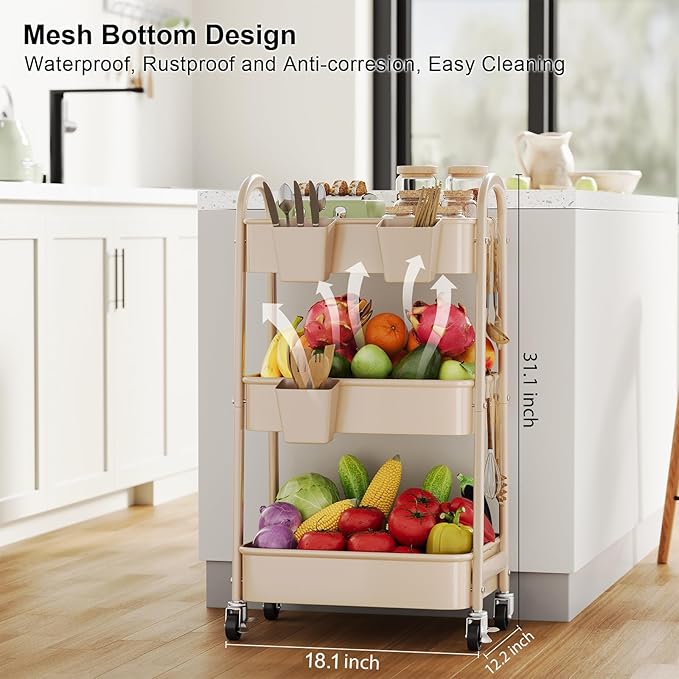 Khaki 3 Tier Rolling Cart Metal on Wheels, Three Tiered Storage Organizer Utility Trolley with Wheels for Art, Craft, Baby Diaper Caddy, Snack, Book, Nail, Lash, Cleaning Supplies, Kitchen, Bathroom