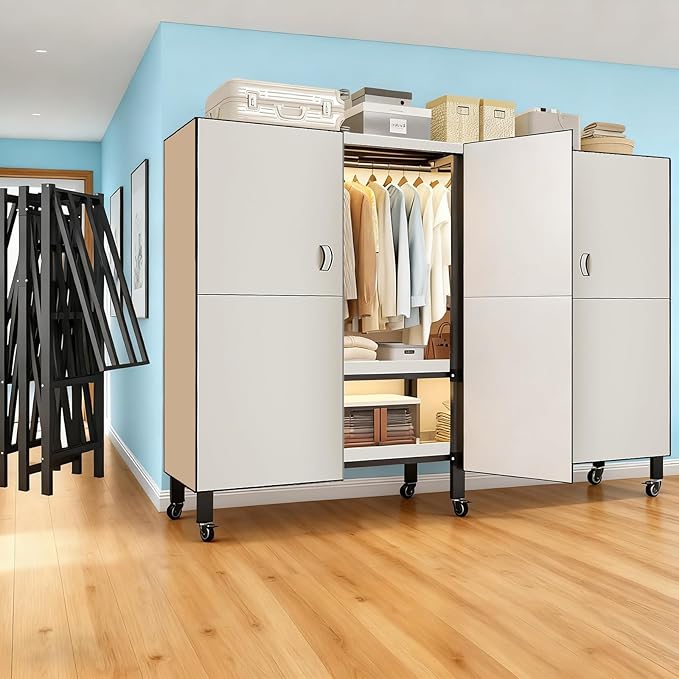 Foldable Portable Armoire Wardrobe Closet for Hanging Clothes Rack, Heavy Duty Covered Clothes Rack with Cover(HARDBOARD Magnetic), Closet Garment Rack for Bedroom Storage (KT Off-white, 59.05in)