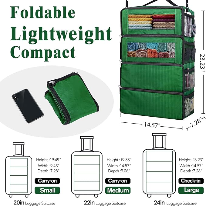 Suitcase Organizer, Carry on Closet Luggage Organizers Accessories for Travel, Foldable and Hangable Portable Hanging Travel Shelves with a Shoulder Strap to Use As a Travel Backpack Large, Green