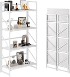 JSB No Assembly Folding Bookshelf, 4 Tier Industrial Metal Book Shelf for Storage, Vintage Wood Foldable Bookcase for Living Room, Bedroom, Office Organization Shelves
