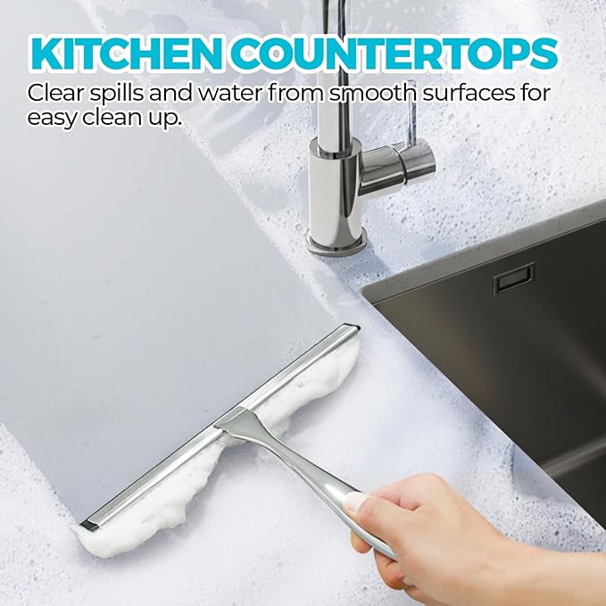 10-Inch All-Purpose Shower Squeegee for Shower Doors, Tile Shower Walls, Bathroom, Window, Glass and Car Windshield, Mirrors and Kitchen-Stainless Steel, Silver