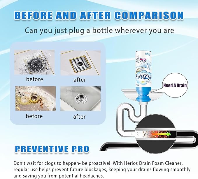 Foam Drain Cleaner – Hair Clog Remover for Kitchen, Sink, Tub & Bathroom Drains, Powerful Foaming Action, Fast Drain Unclogging, (2-Pack) HERIOS