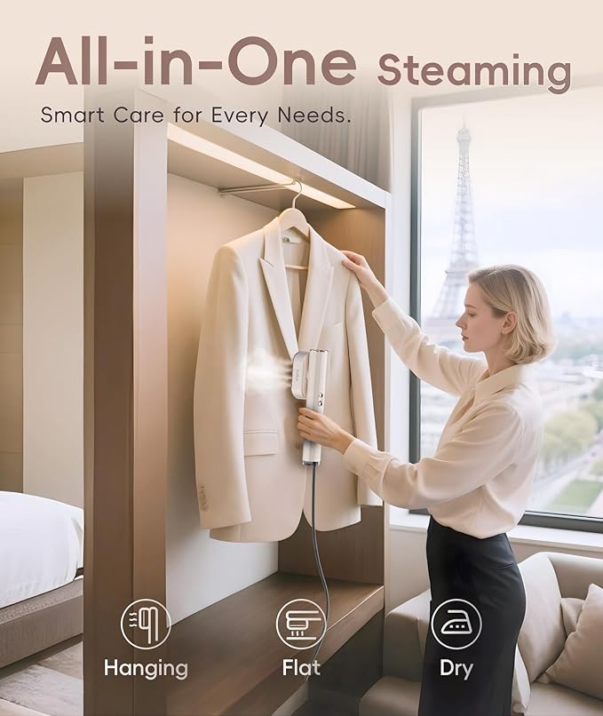 Travel Steamer for Clothes, 100-240V Dual Voltage Portable Garment Steamer, 1000W Travel Size Handheld Steamer & Iron 2 in 1 for Global & Europe Travel, Business, Home, Rose Gold