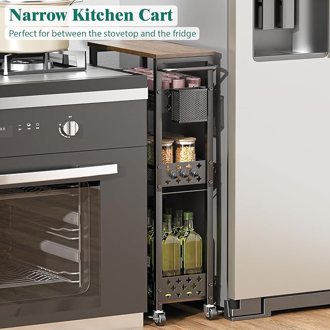 Slim Storage Cart 4 Tier Laundry Cart with Wheels, Narrow Metal Kitchen Rolling Carts Bathroom Organizers Storage Shelf with Wood Rack and Handle for Small Space