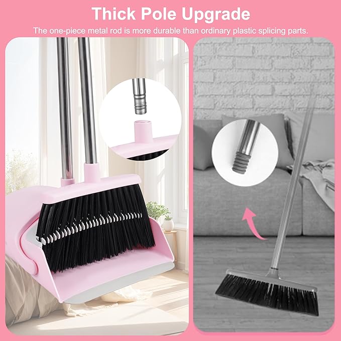 Pink Broom and Dustpan Set, 52” Long Adjustable Handle Broom with Dustpan Combo Set with Dust Pan Teeth to Clean Hair for Home Lobby Office