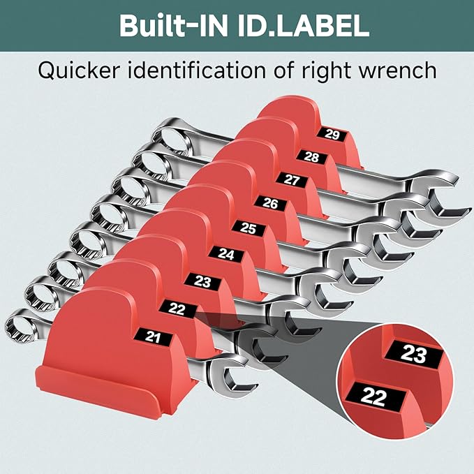 48PCS Magnetic Modular Wrench Organizer,Wrench Holders Organizers with Metric & SAE Label for Tool Drawer Storage -Red with Magnets