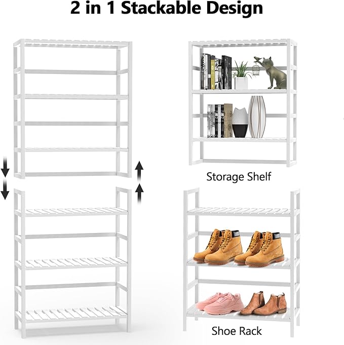 VASMIA 6-Tier Bamboo Shelf,Bamboo Storage Shelving Unit,Tall Bookcase with Adjustable Shelves,Multipurpose Storage Display Shelf for Bathroom, Living Room, Balcony, Kitchen,White