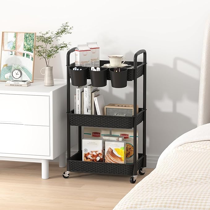 MOYIPIN 3-Tier Plastic Rolling Utility Cart with Handle,Utility Storage Cart for Office, Living Room, Kitchen,Movable Storage Organizer Shelves,Black with 3 Hanging Cups