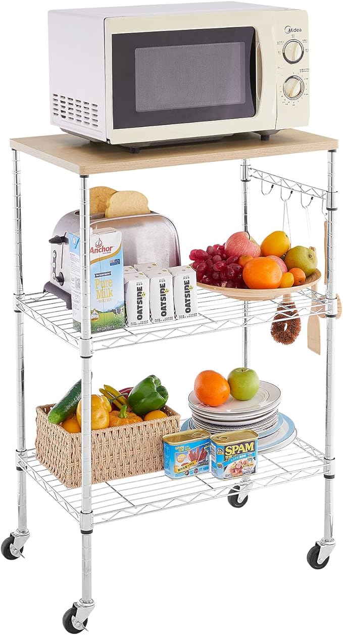 450Lbs Capacity Microwave Cart with Wheels, 3 Tier Rolling Cart with Adjustable Shelves, Multifunctional Metal Utility Storage Kitchen Carts on Wheels, 23.6" L*15.7" W*37" H, Wood+Chrome