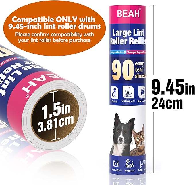 Lint Roller Refills (5 Packs 450 Sheets) Lint Rollers for Pet Hair Extra Sticky Refills,9.45 Inch Pet Hair Remover,Lint Roller Cleaning for Clothes,Furniture and Carpet,Easy to Tear