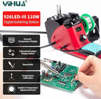 YIHUA 926 III 110W Soldering Iron Station Kit with LED Display, 2 Helping Hands, 3 Extra Iron Tips, 35g Lead-Free Solder, Solder Sucker, S/S Tweezers, °C/°F Conversion, Calibration & Sleep Features