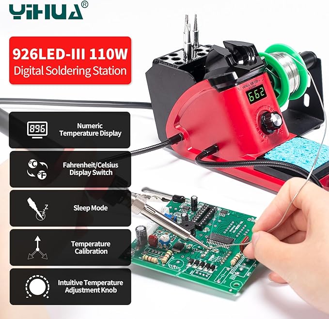 YIHUA 926 III 110W Soldering Iron Station Kit with LED Display, 2 Helping Hands, 3 Extra Iron Tips, 35g Lead-Free Solder, Solder Sucker, S/S Tweezers, °C/°F Conversion, Calibration & Sleep Features