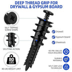 80PCS Self-Drilling #8 Drywall Anchors & Screws Set - Heavy-Duty Nylon+Glass Fiber, 80 LBS Load Capacity, Pre-Drill-Free, for Hanging Shelves/TV/Pictures - 40 Anchors + 40 Screws with Storage Case