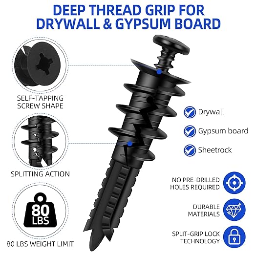 80PCS Self-Drilling #8 Drywall Anchors & Screws Set - Heavy-Duty Nylon+Glass Fiber, 80 LBS Load Capacity, Pre-Drill-Free, for Hanging Shelves/TV/Pictures - 40 Anchors + 40 Screws with Storage Case